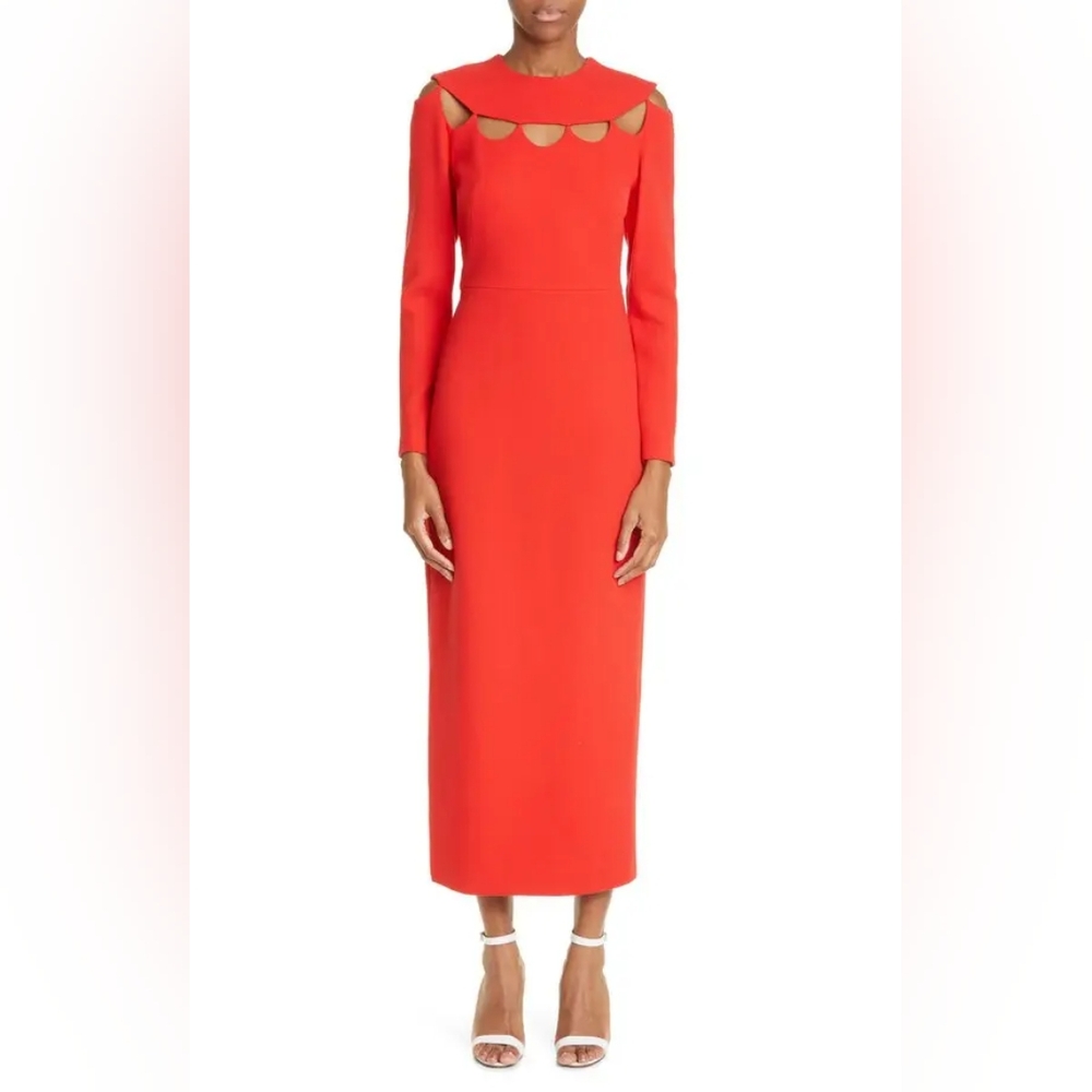 LELA ROSE Scallop Cutout Long Sleeve Wool Blend Sheath Dress Red Sz 12 Org $1890